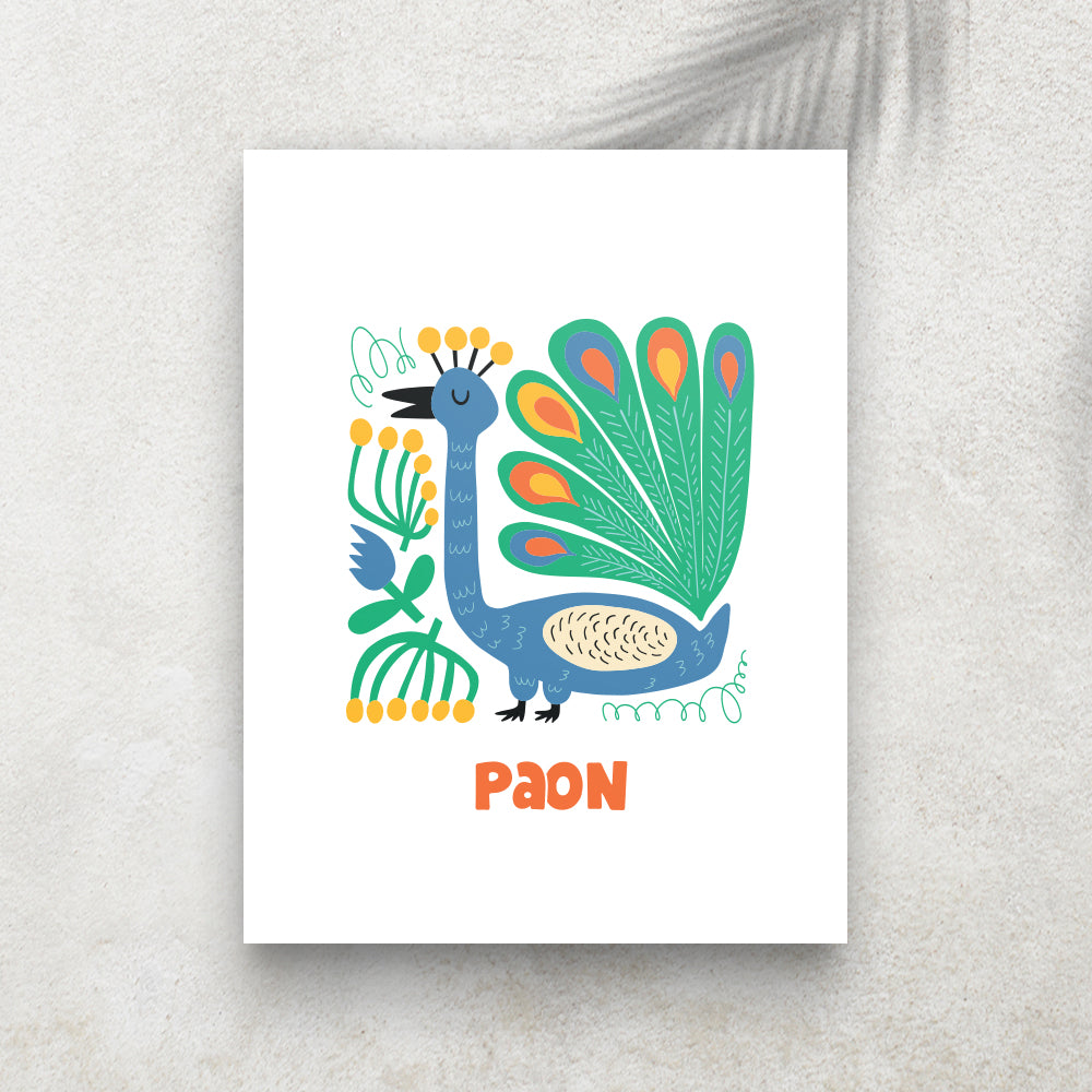 Paon – Affiche Animaux Minimaliste pour Enfant