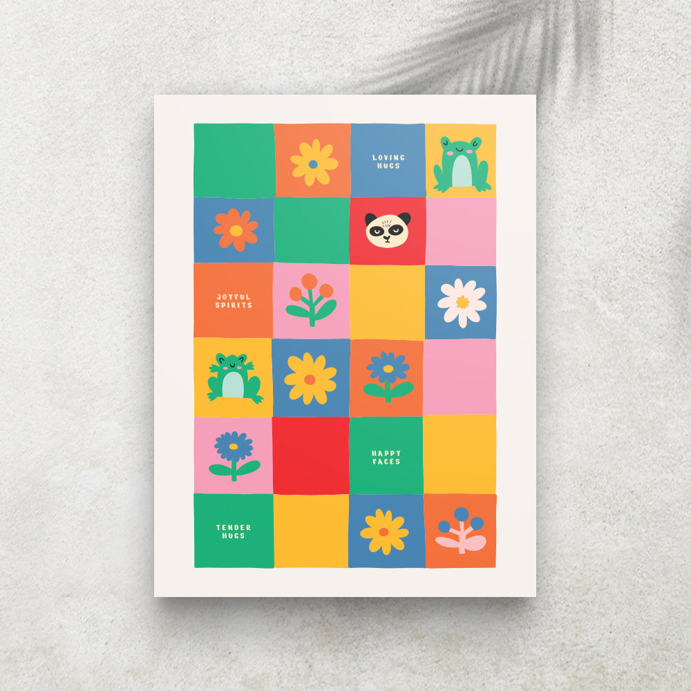 Patchwork Joy – Affiche Animaux & Fleurs Minimaliste pour Enfant