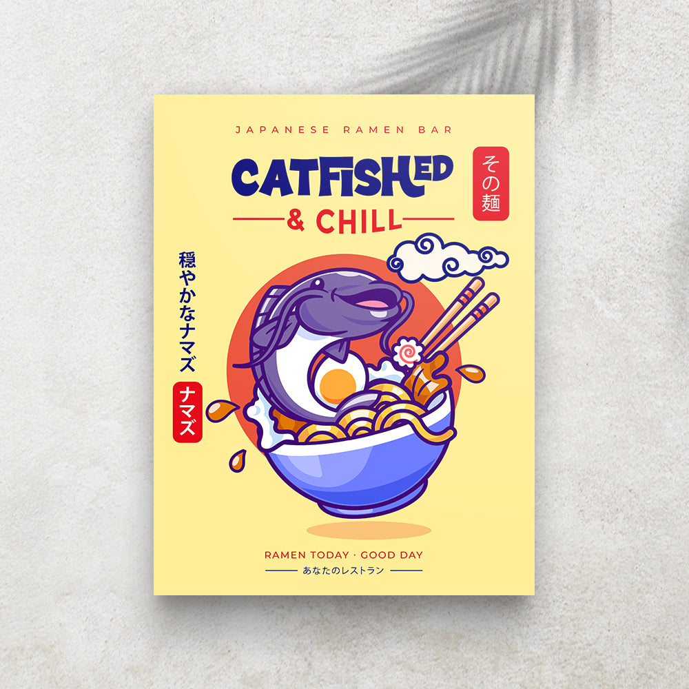 Catfished & Chill – Affiche Poisson-Chat, Ramen Japonais & Humour