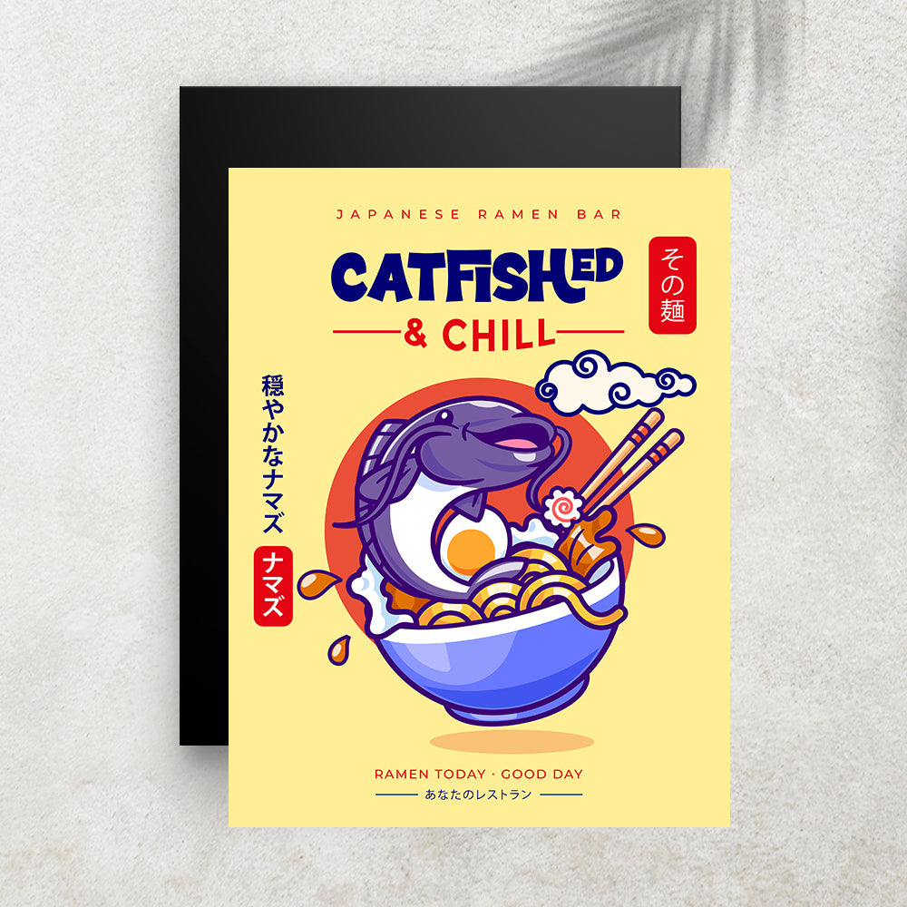 Catfished & Chill – Affiche Poisson-Chat, Ramen Japonais & Humour
