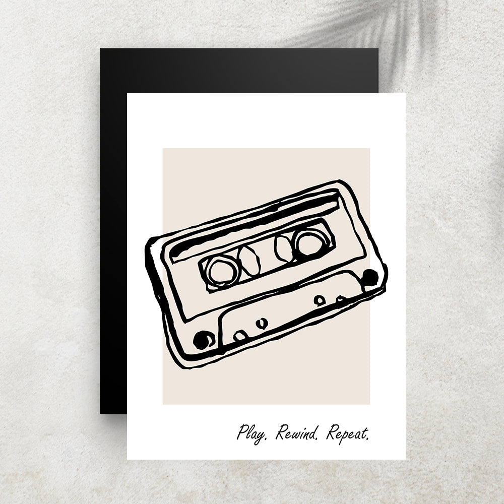 Play. Rewind. Repeat. – Affiche Rétro Cassette Audio
