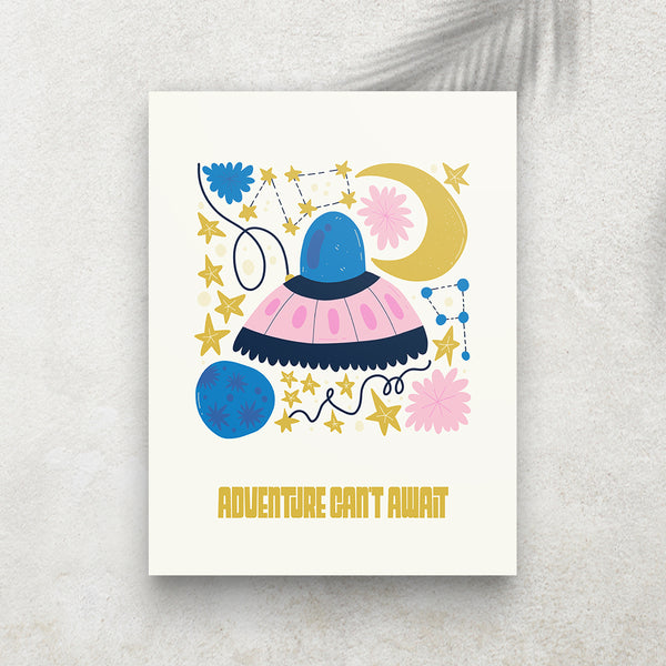Adventure Can't Await – Affiche Espace Minimaliste